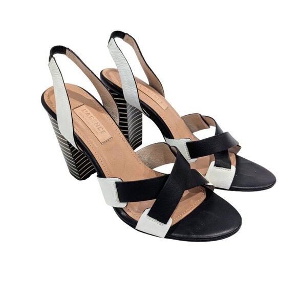 L'AGENCE Contrast Striped Heel Sandals 7.5 Black White Criss Cross Straps - Picture 2 of 12